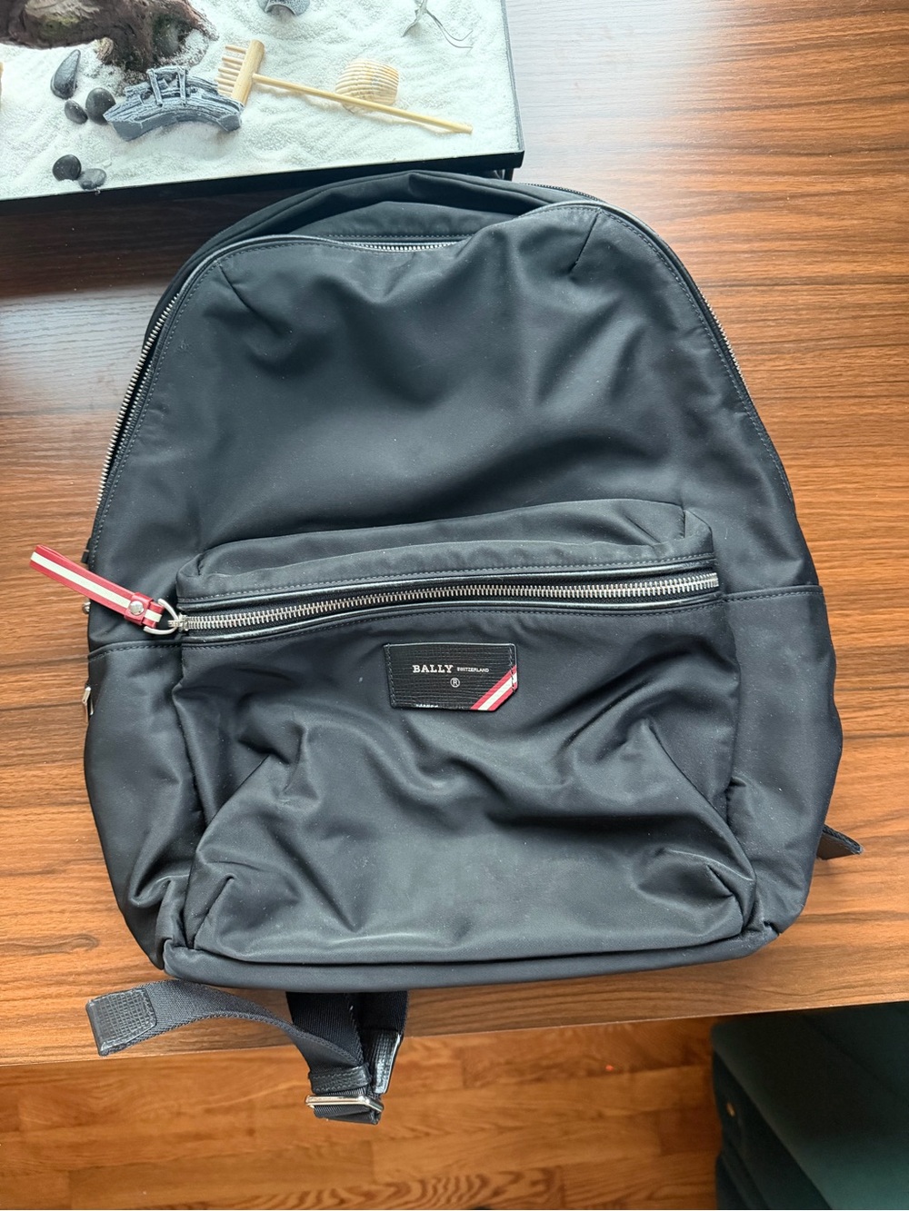 Bally Black Nylon Backpack with Red-Stripe Pull